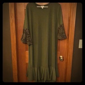 Lularoe Maurine Dress- Olive Green Lace Sleeve
